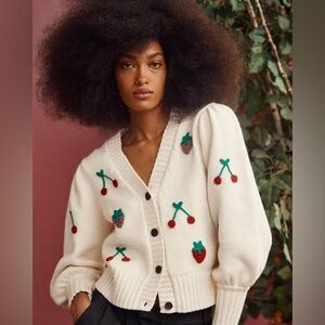Rails Cream Cardigan with Red Cherry & Strawberry Embroidery